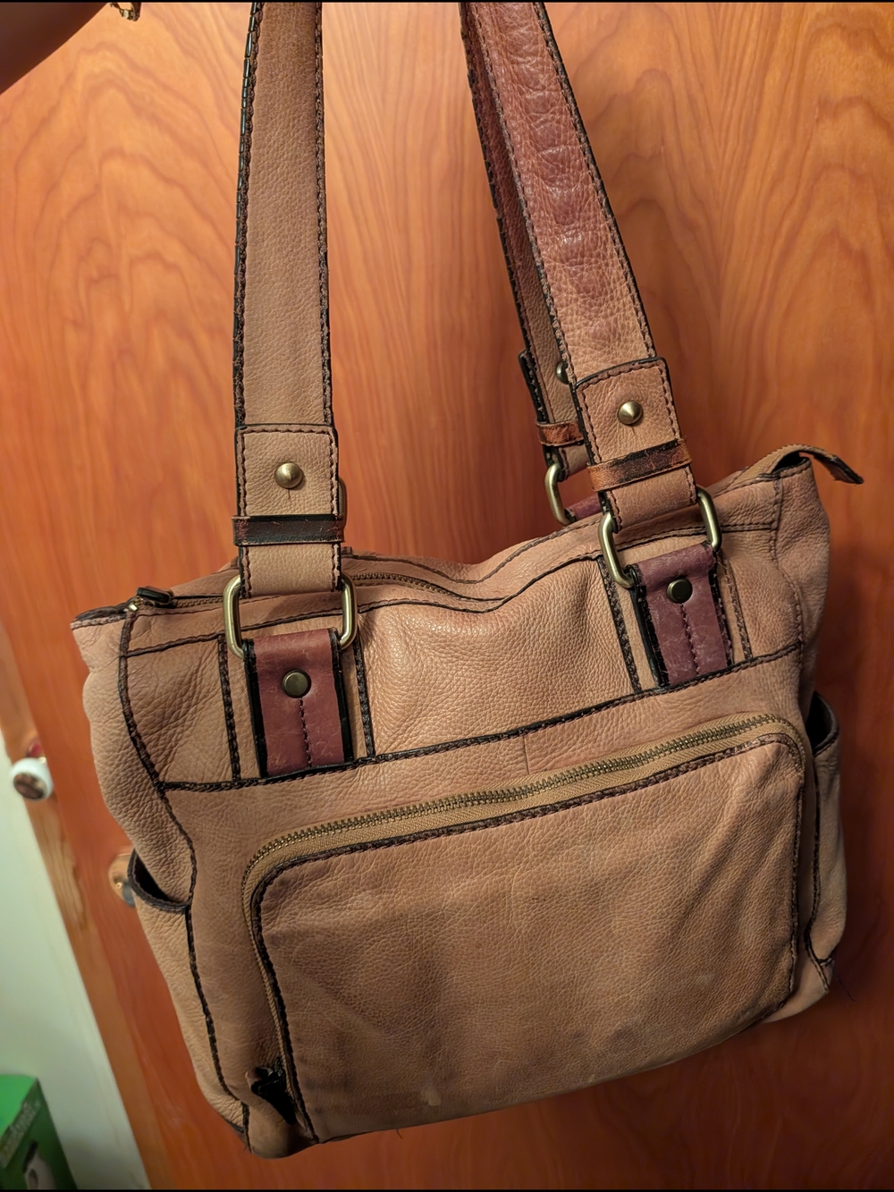 Danier Textured Tan Leather Tote Bag with Brown Accents
